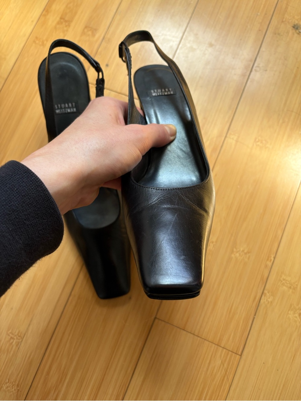 Stuart Weitzman Black Leather Square-Toe Slingbacks - Picture 4 of 7